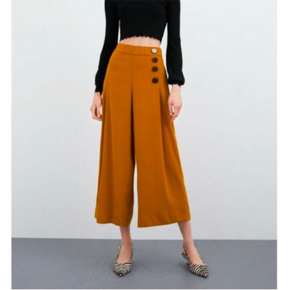 Zara Mustard Wide-Leg Pants with Button Detail